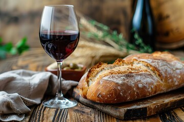glass of wine and a loaf of bread, wooden background. Generative AI