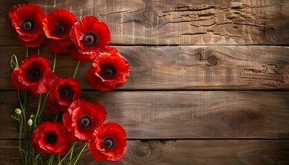 Banner with fresh red poppies on a wooden background.