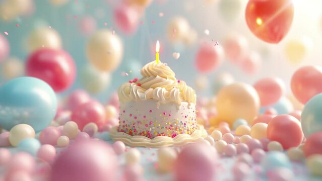 Festive 3D Cartoon Birthday Scene: Pastel Balloons and a Centerpiece Cake