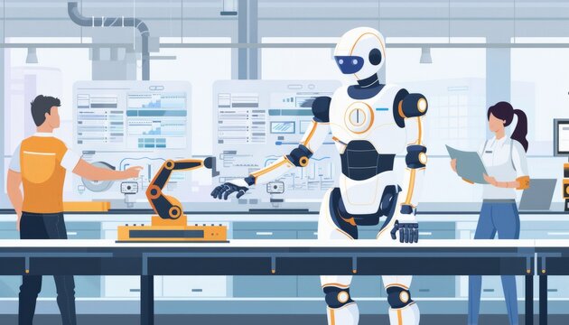 An animated image of a futuristic workplace where humans and advanced robots collaborate seamlessly on a production line, enhancing efficiency and productivity.