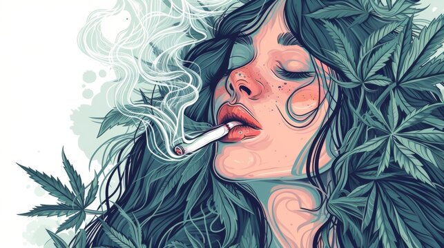 Vector clipart illustration of a female smoking with cannabis leaf