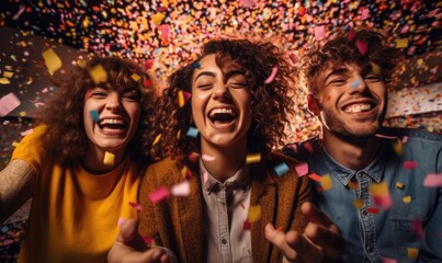 Three diverse people celebrating on multicolored backgrounds with confetti
