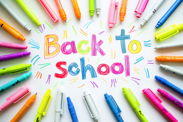 Background with colored pens and multicolored words Back to school