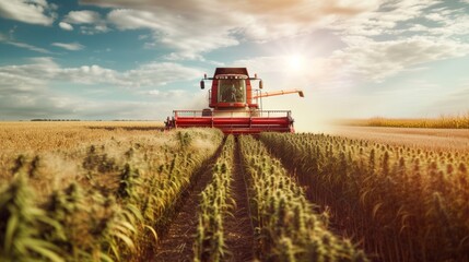 A combine harvester machine working in a large outdoor plantation farm. - obrazy, fototapety, plakaty