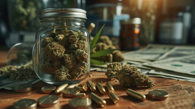 dried cannabis buds with gun bullet cash money on table