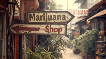 Fototapeta na wymiar Vintage cannabis shop sign in tropical area