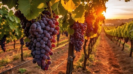 Ripe wine grapes on vines in Tuscany, Italy. Wine farm, sunset warm light. Generative AI - obrazy, fototapety, plakaty