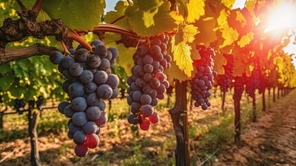 Ripe wine grapes on vines in Tuscany, Italy. Wine farm, sunset warm light. Generative AI