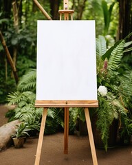 white big vertical empty poster on easel on wedding ceremony boho style. Generative AI