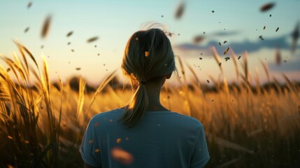 Back view of a female in spring field with plant flower grass in allergy season - obrazy, fototapety, plakaty