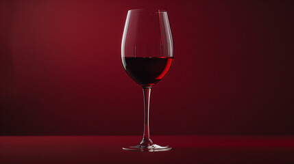 A close-up shot of a crystal-clear 8K HD wine glass filled with rich red wine, set against a deep burgundy solid color background.