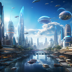 A futuristic cityscape with floating buildings.