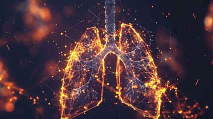 Glowing hologram of human lungs organ 3D structure with dark background. - obrazy, fototapety, plakaty
