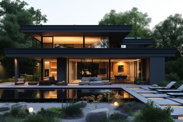 A modern exterior house with a pool and parking space against a soft black backdrop