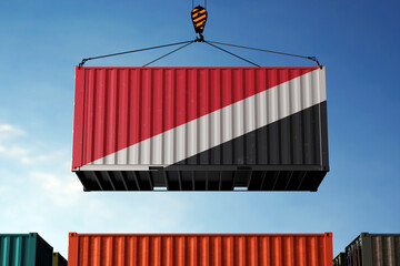 Sealand trade cargo container hanging against clouds background