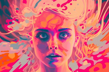 A woman with kaleidoscopic eyes, lost in swirling patterns of neon colors against a pink background, glitch effect.