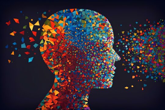 A vibrant, HD image of a human head formed by countless small, colorful puzzle pieces, each representing a unique facet of the complex states of mind.