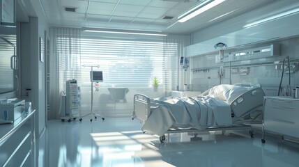 Patient room interior view with bed and equipment in a hospital.