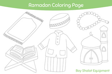 Cute muslim boy shalat equipment outline cartoon vector for kids coloring page. Printable Ramadan coloring page template cartoon vector.