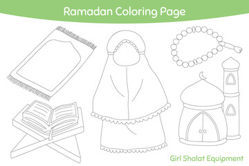 Cute muslim girl shalat equipment outline cartoon vector for kids coloring page. Printable Ramadan coloring page template cartoon vector.