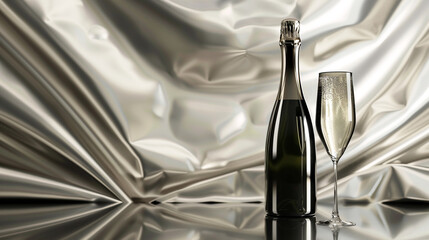 A glamorous 8K HD image featuring a champagne bottle and glass against an elegant silver...