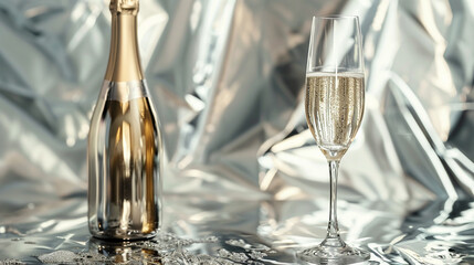 A glamorous 8K HD image featuring a champagne bottle and glass against an elegant silver background, creating a captivating composition for a special moment. - Powered by Adobe