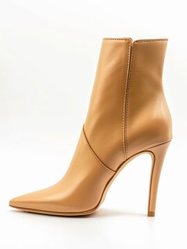 Beige high heel ankle boot on white background.