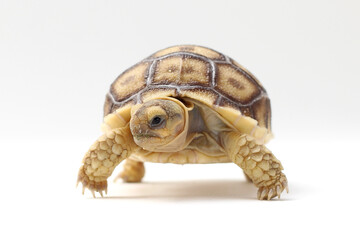 Cute small baby African Sulcata Tortoise in front of white background, African spurred tortoise isolated white background studio lighting,Cute animal