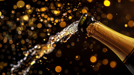 A luxurious bottle of 8K HD champagne being uncorked, with the golden bubbles captured in stunning detail against a sleek black background.