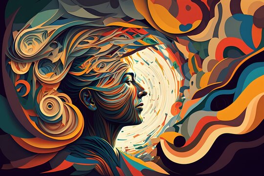 An image capturing the chaos of disrupted thoughts, with a person surrounded by swirling colors and abstract shapes, representing the turbulent mental state.