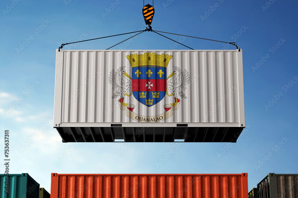 Wall mural saint barthelemy trade cargo container hanging against clouds background