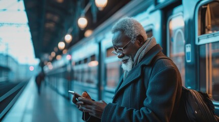 Fototapeta na wymiar Man is using a phone at the train station