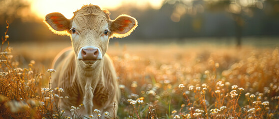 a cow standing in a field of tall grass - Powered by Adobe