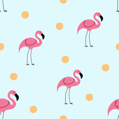 Flamingo seamless pattern on polka dots background. Flamingo vector background design for fabric and decor. Abstract summer texture