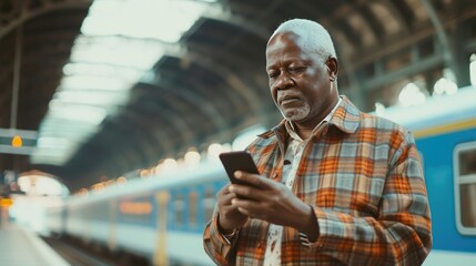 Man is using a phone at the train station