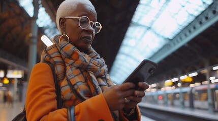 Fototapeta na wymiar Woman is using a phone at the train station