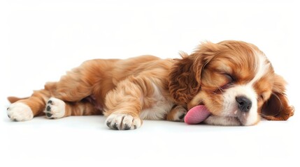 Cavalier King Charles Spaniel with tongue against white background