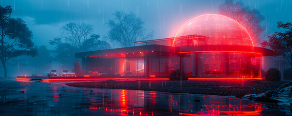Futuristic concept of a home secured by an advanced red glowing dome shield system, symbolizing high-tech protection and safety in a residential setting