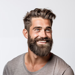 Obraz premium Smiling macho. Barber shop concept. Man bearded hipster with mustache. Beard mustache grooming guide. Hipster handsome bearded guy white background. Growing and maintaining moustache. Grow mustache.