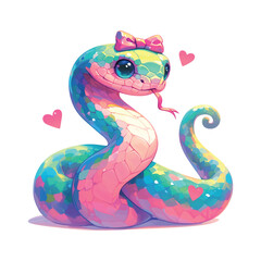 Fototapeta premium A green snake and hearts around it. The snake is sitting on a white background