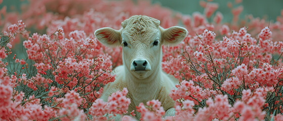 a cow that is standing in a field of flowers