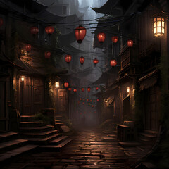 A mysterious alleyway with hanging lanterns. - obrazy, fototapety, plakaty