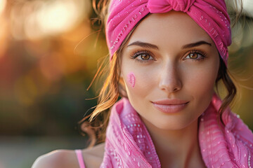 A woman with a pink scarf and a pink headband is smiling. She has a pink heart on her cheek