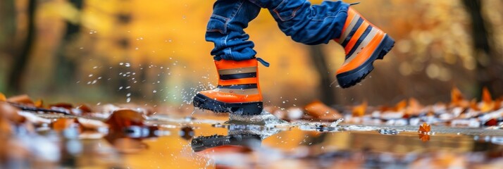 Cheerful child in rain boots leaping in a puddle, with space for text placement.