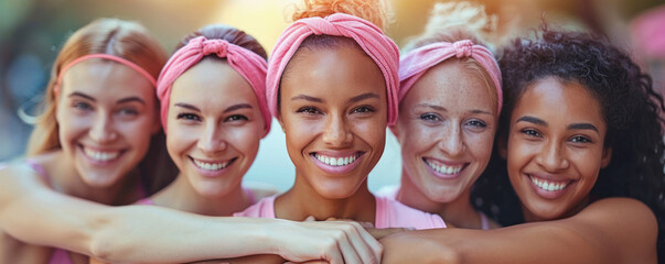 A group of women wearing pink headbands are smiling and hugging each other. Concept of unity and friendship among the women