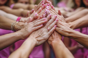 A group of women are holding hands in a circle, with pink nails and pink shirts. Concept of unity and support among the women