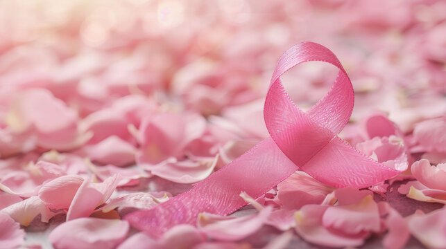 Pink ribbon on pink petals. Pink ribbon symbolizes breast cancer awareness. The image conveys a message of love and support for those affected by breast cancer