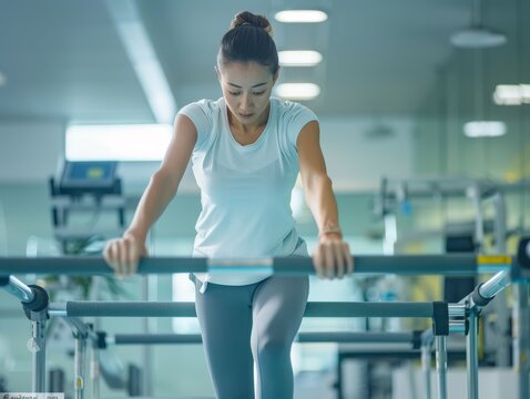 A woman patient is engaged in rehabilitation exercises on parallel bars to improve lower limb function. The surroundings feature a well-lit rehabilitation gym with various equipment in the background