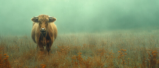 a cow standing in a field of tall grass