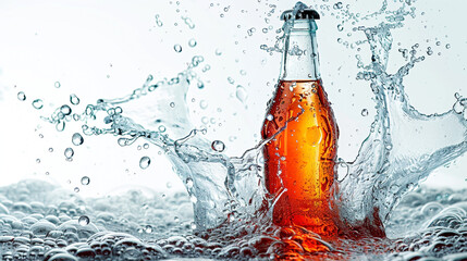 Elevate your soda experience with an enticing 8K HD photograph featuring a glistening bottle surrounded by subtle water splashes against a pristine white backdrop